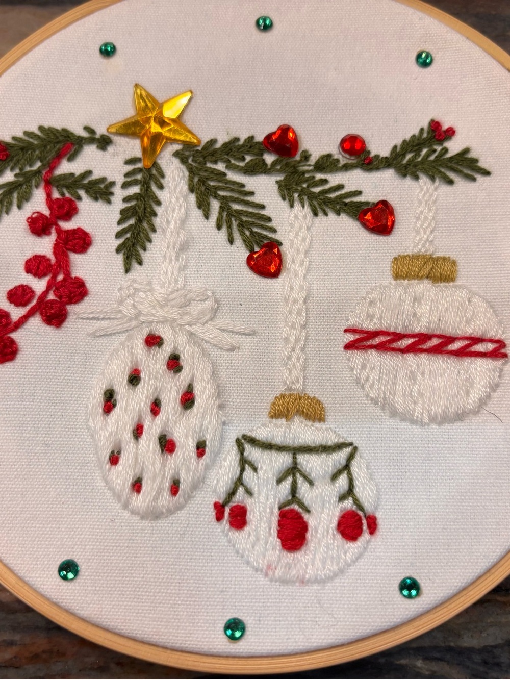 Hand-Embroidered 5”Holiday Ornament Hoop - White, Red & Green Christmas